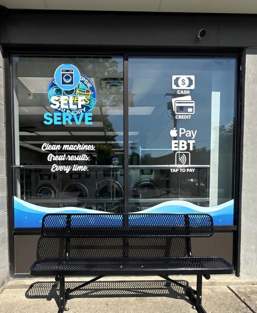 Self-service window displaying cash, credit, Apple Pay, EBT and tap to pay